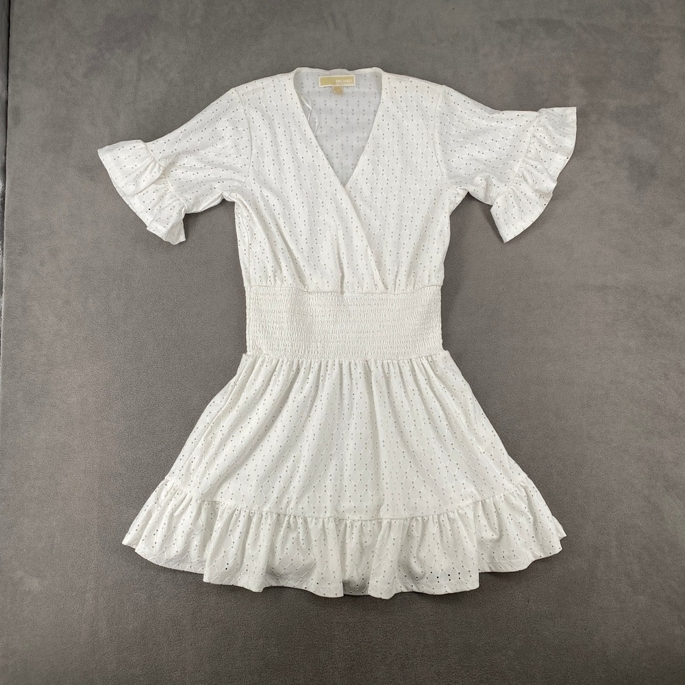 Michael Kors White Eyelet Smocked Waist Ruffle Mini Dress XS